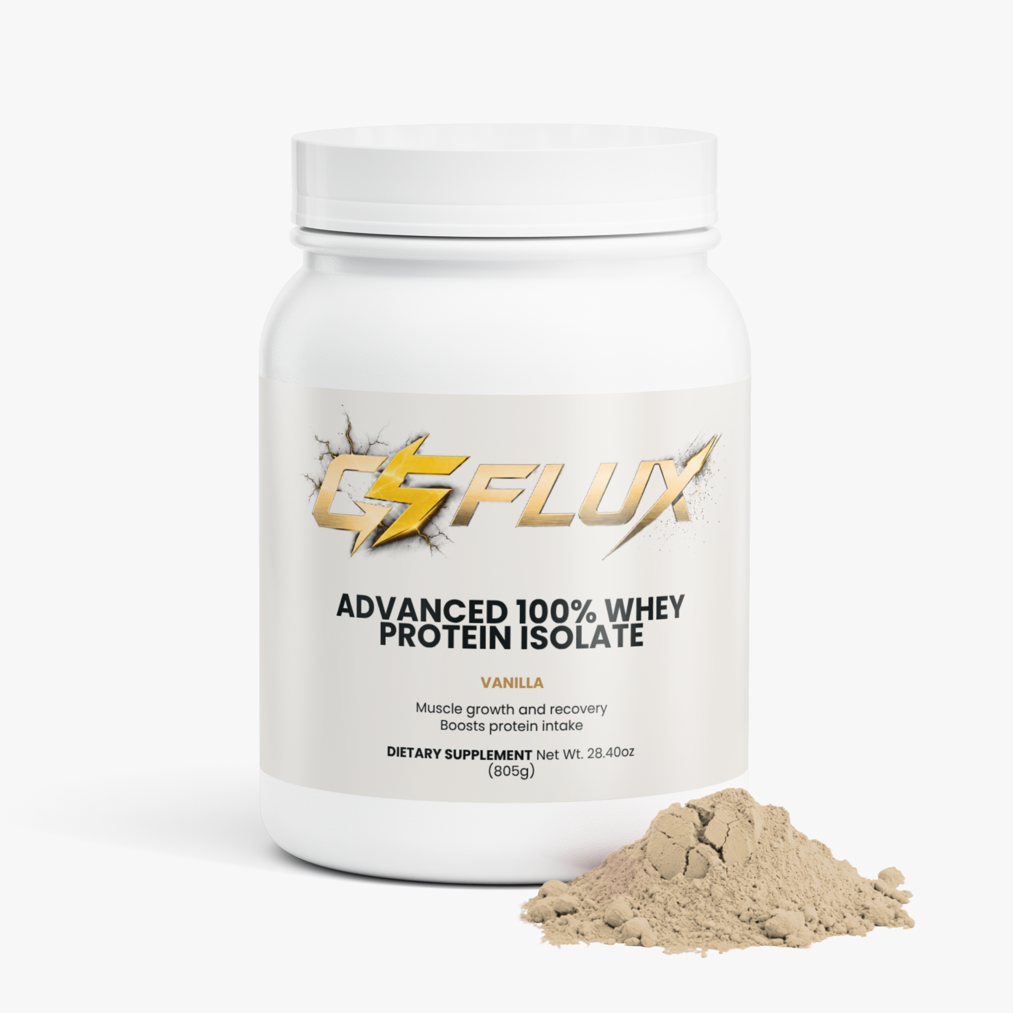 A white plastic tub of CSFLUX Advanced 100% Whey Protein Isolate in Vanilla flavor, shown on a clean white background with a small pile of light tan powder in front of the container.