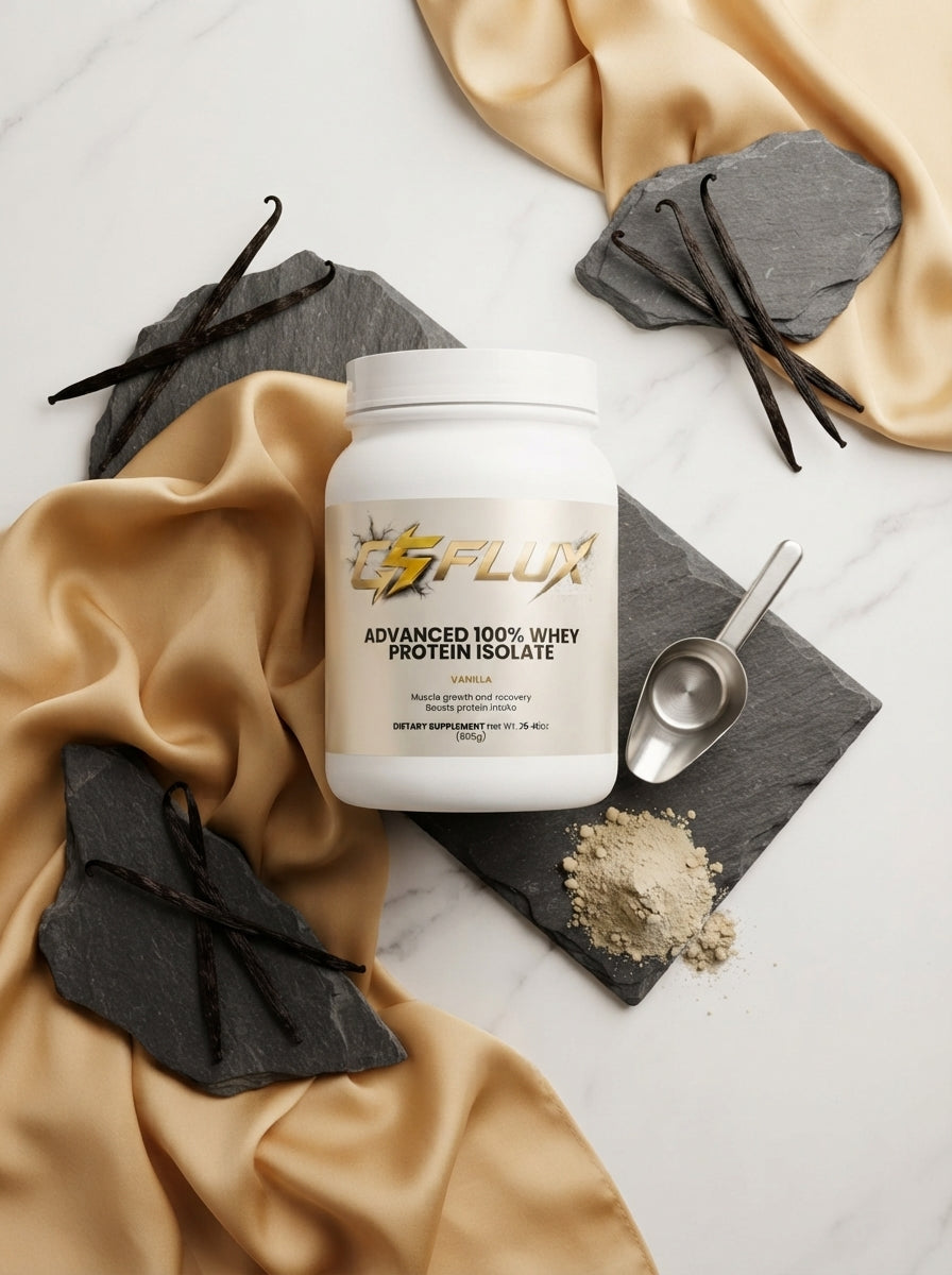 A container of GSFlux Advanced vanilla whey protein isolate displayed on a clean white surface with charcoal accents and gold